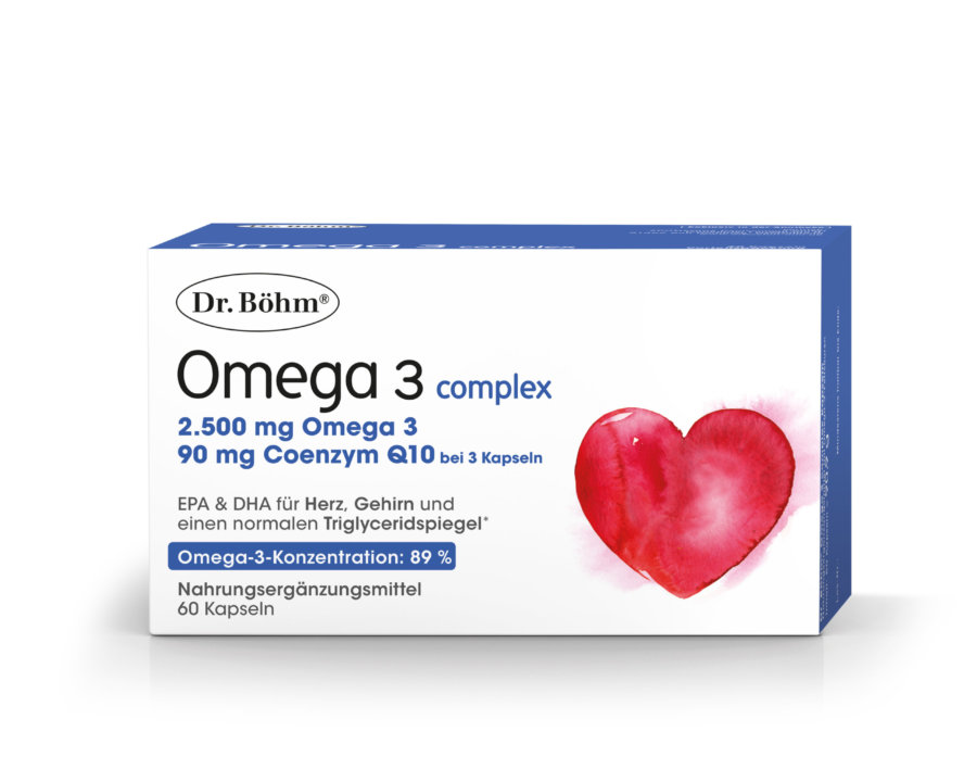 Dr. Böhm® Omega 3 complex mit 2500 mg Omega 3 und 90 mg Coenzym Q10 bei 3 Kapseln; Omega-3-Konzentration: 89%