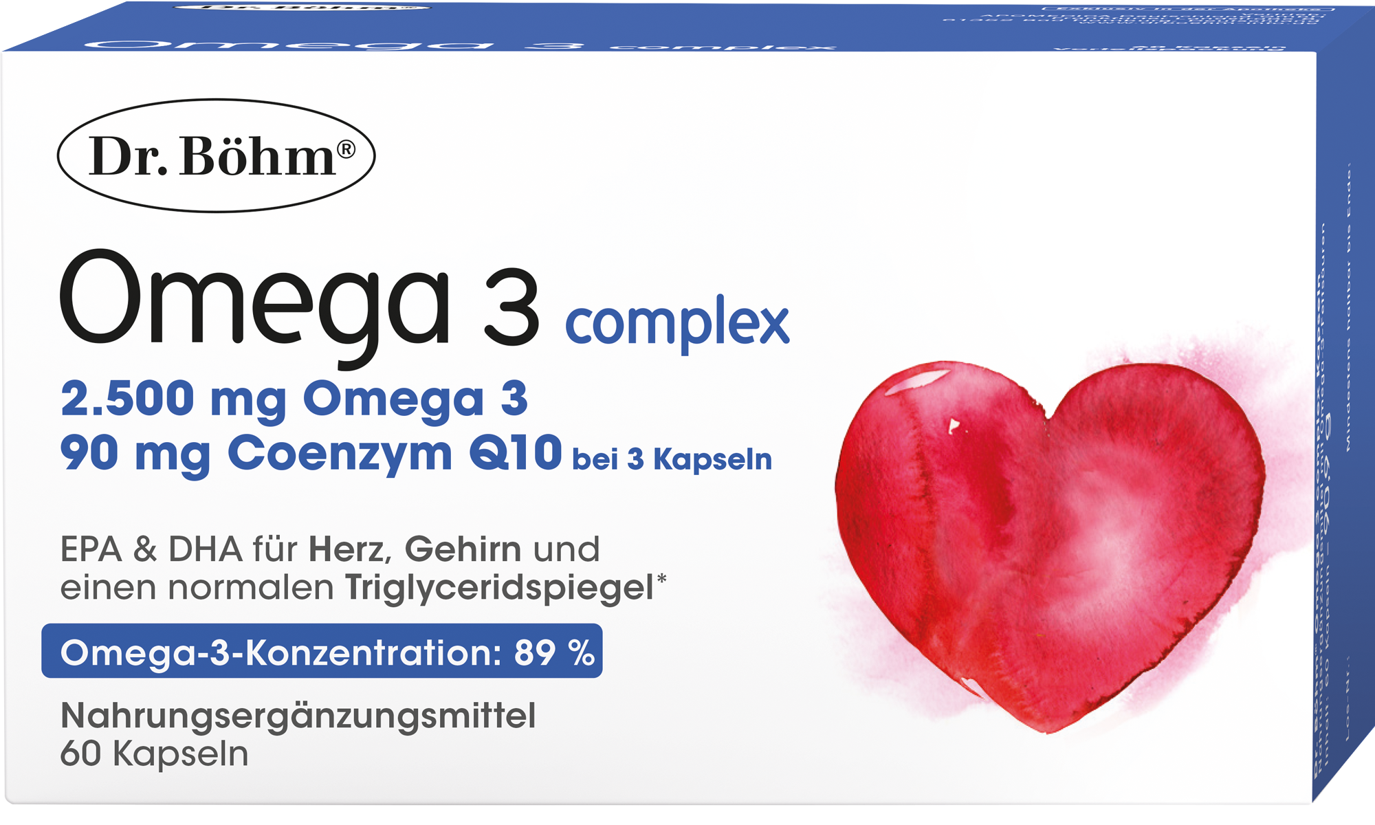 Dr. Böhm® Omega 3 complex mit 2500 mg Omega 3 und 90 mg Coenzym Q10 bei 3 Kapseln; Omega-3-Konzentration: 89%